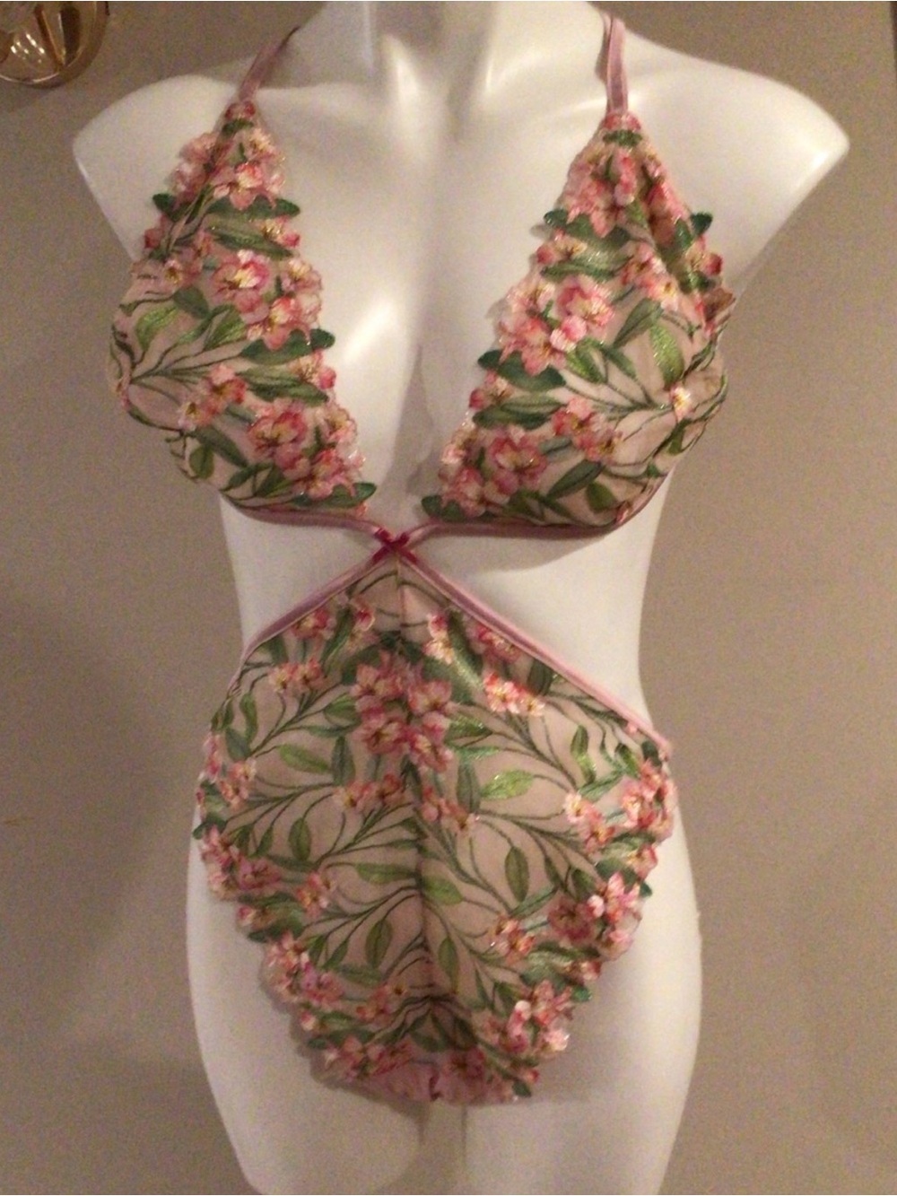 Victoria’s Secret Pink & Green
Floral Lace Lingerie Bodysuit, Size XXL (NWT)